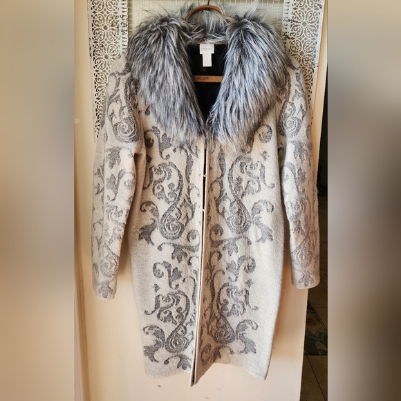 Chico's Icy Fur Elsa Long Wool Cardigan Sweater Cream Gray Sz XS-S - Picture 2 of 15